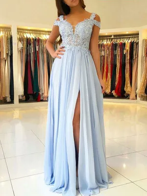 Classic Chiffon Evening Dress A Line V Neck Floor Length Split Front Party Dresses Evening Dresses
