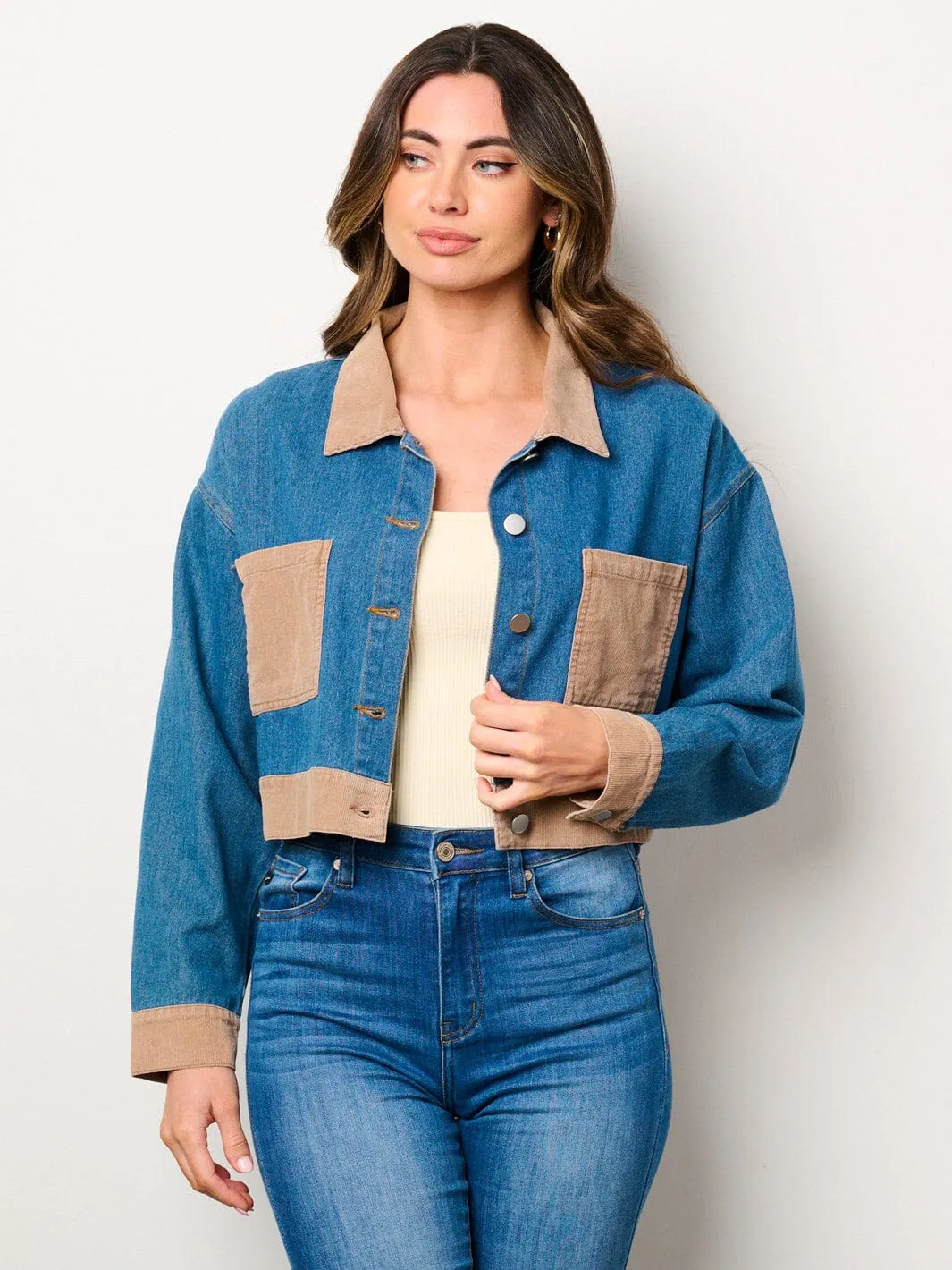 WOMEN'S LONG SLEEVE POCKETS BUTTON CLOSURE DENIM CORDUROY JACKET