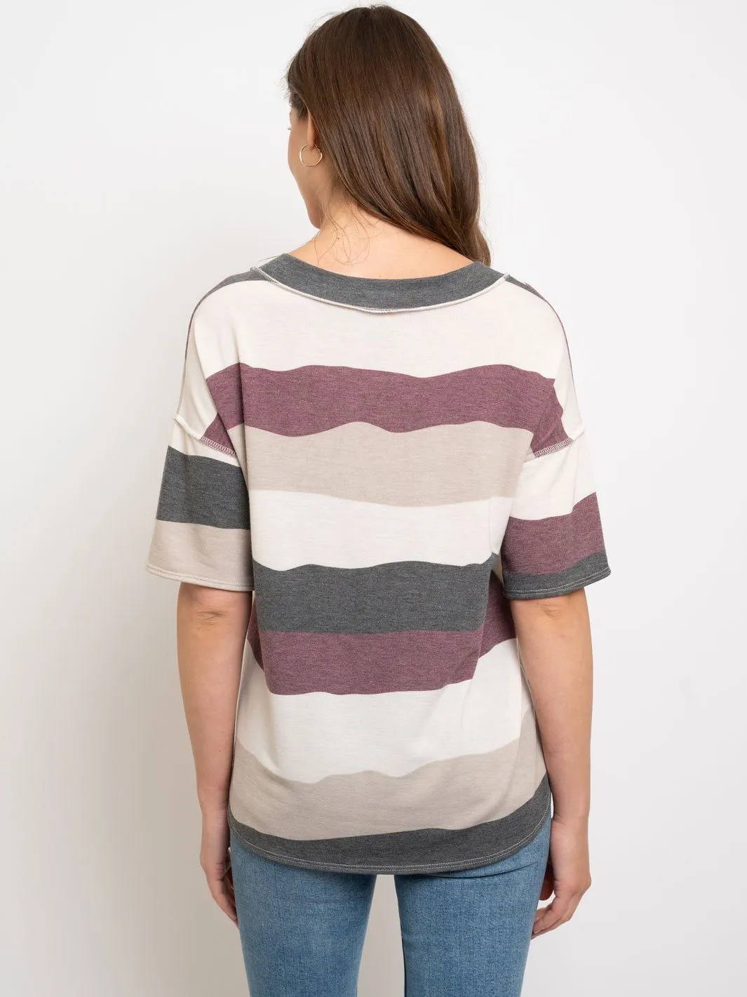 WOMEN'S V-NECK STRIPES POCKET DETAIL TOP